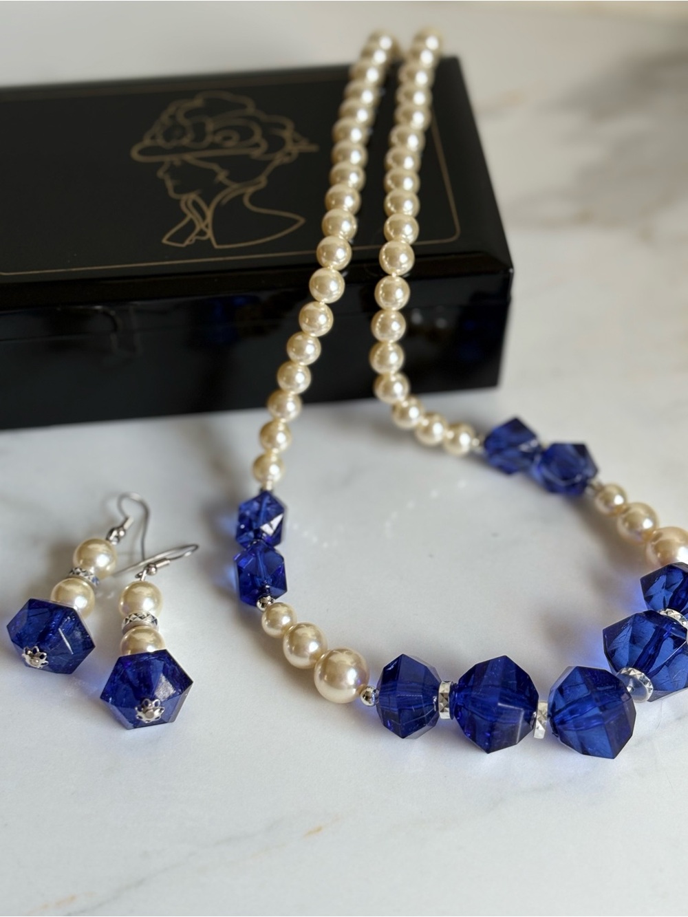 Vintage Avon 1986 Sapphire Blue Faceted Bead & Pearl Necklace Earrings Set
